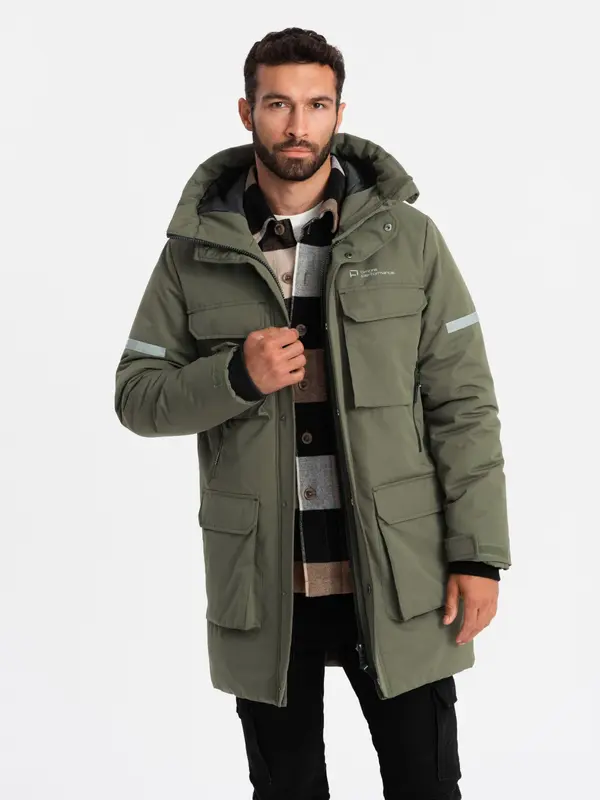 Ombre Ombre Men's insulated long jacket with reflective elements - olive