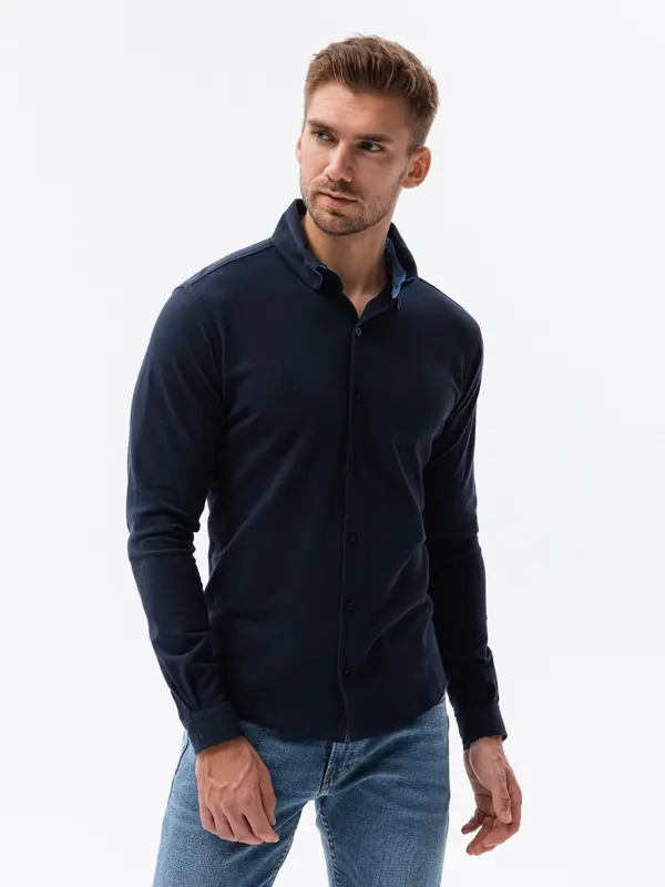 Ombre Ombre Men's knitted SLIM FIT long sleeve shirt - navy blue