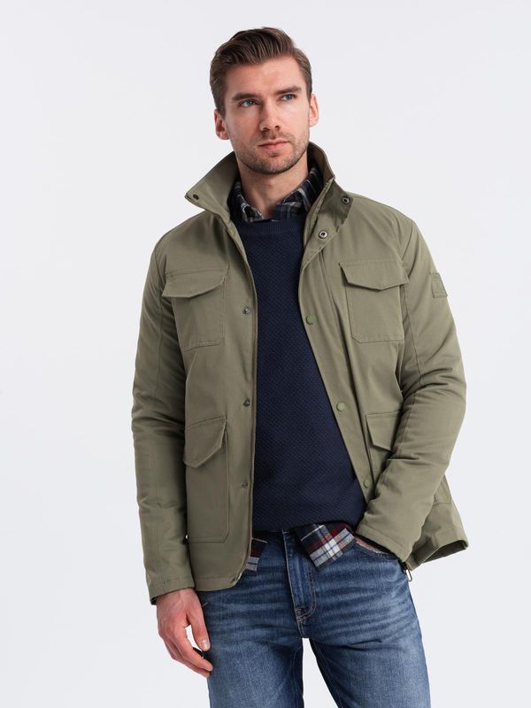 Ombre Ombre Men's lightweight jacket with pockets and high collar - khaki