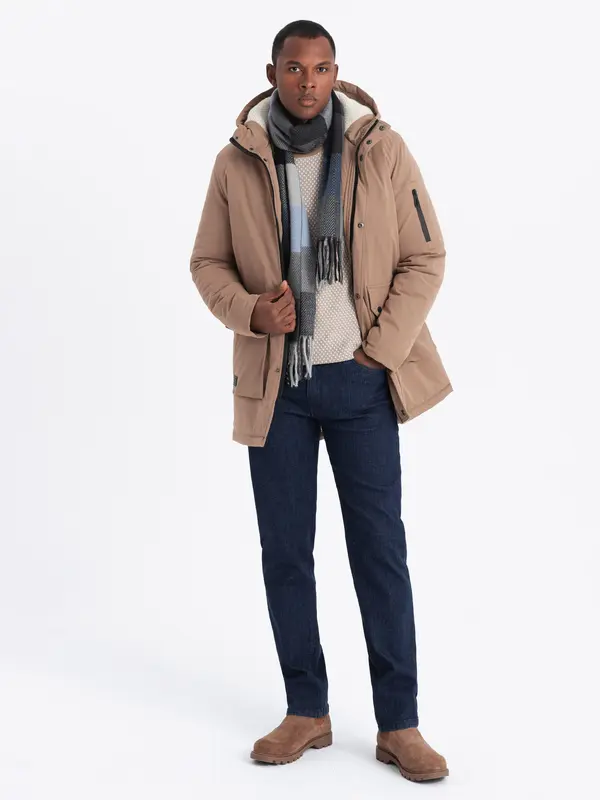 Ombre Ombre Men's long parka sherpa jacket - beige