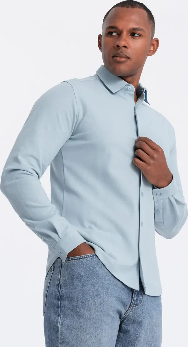 Ombre Ombre Men's long sleeve knitted SLIM FIT shirt - blue