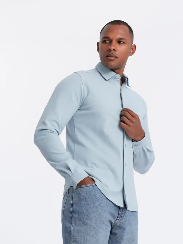 Ombre Ombre Men's long sleeve knitted SLIM FIT shirt - blue
