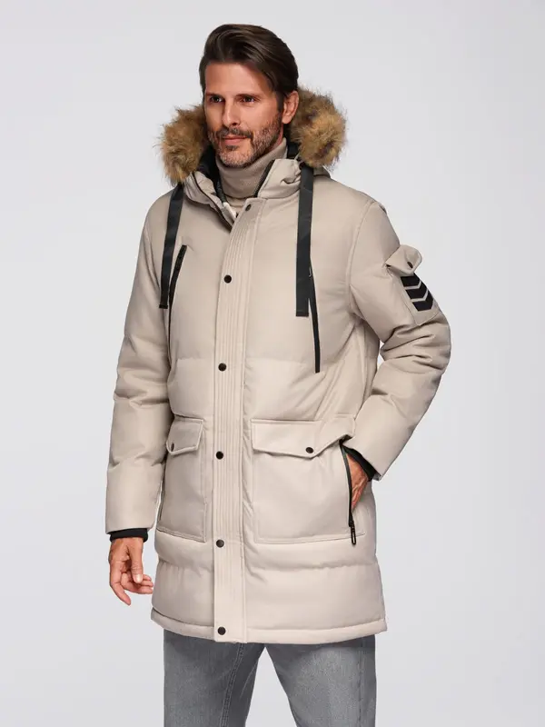 Ombre Ombre Men's long warm parka jacket with hood - beige
