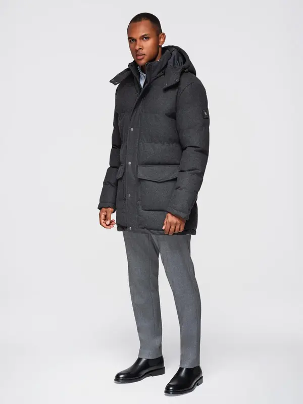 Ombre Ombre Men's long warm parka jacket with wool - black melange