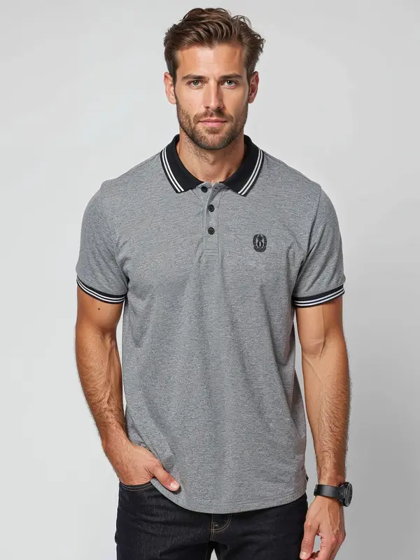 Ombre Ombre Men's melange polo shirt with striped collar - black
