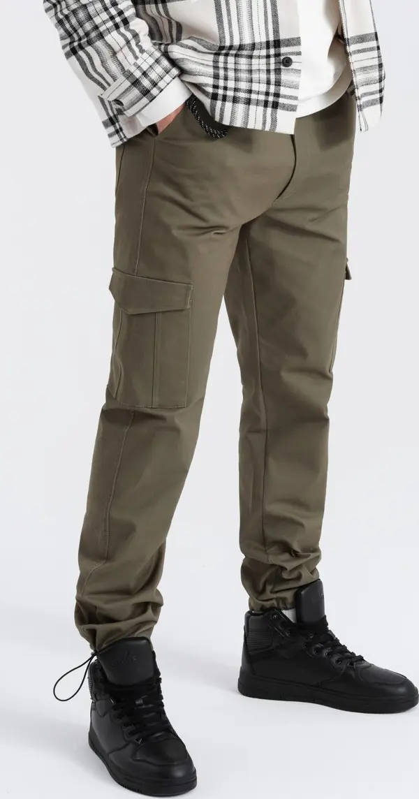 Ombre Ombre Men's pants with cargo pockets and leg hem - dark olive green