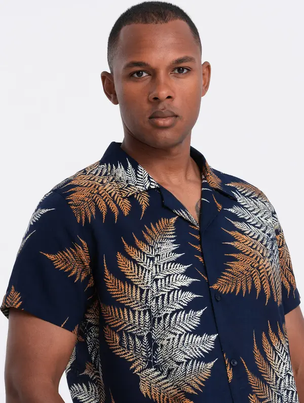 Ombre Ombre Men's patterned viscose shirt with short sleeves - fern