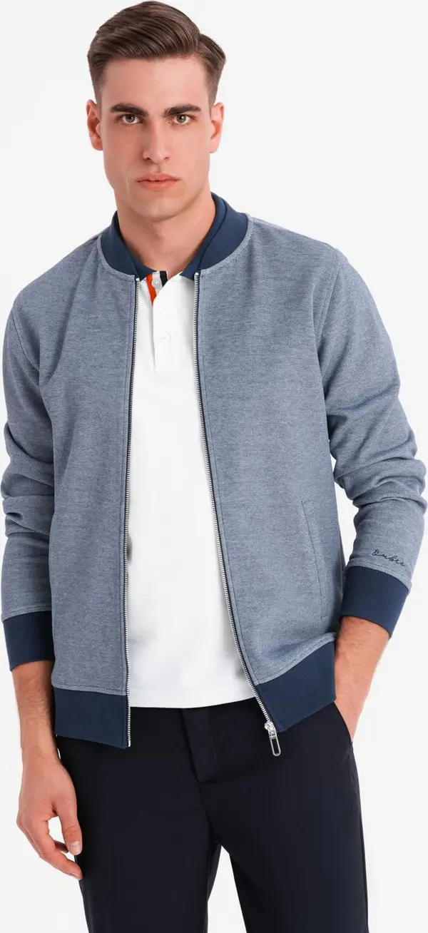 Ombre Ombre Men's pique knit bomber sweatshirt - navy blue