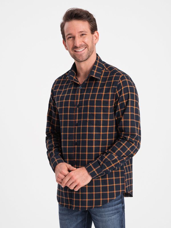 Ombre Ombre Men's plaid flannel shirt SLIM FIT - navy blue and orange