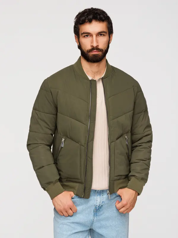 Ombre Ombre Men's quilted bomber jacket with metal zippers - dark olive green