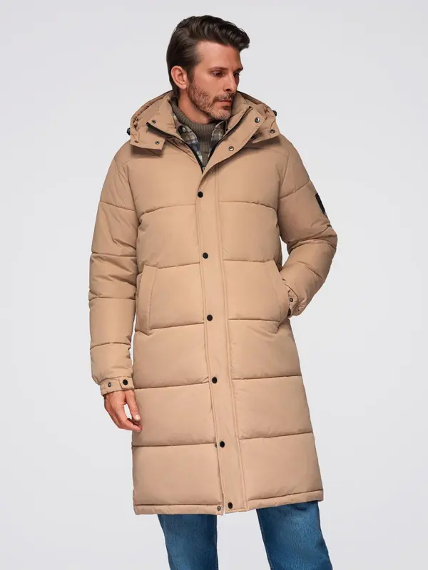 Ombre Ombre Men's quilted long jacket with detachable hood - beige