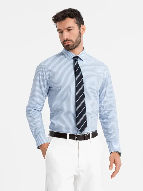 Ombre Ombre Men's REGULAR FIT cotton shirt with vertical stripes - blue and white OM-SHOS