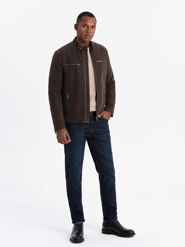 Ombre Ombre Men's retro biker jacket with stand-up collar - brown