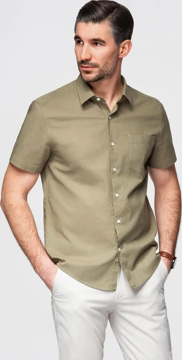 Ombre Ombre Men's short sleeve cotton and linen shirt with pocket - olive