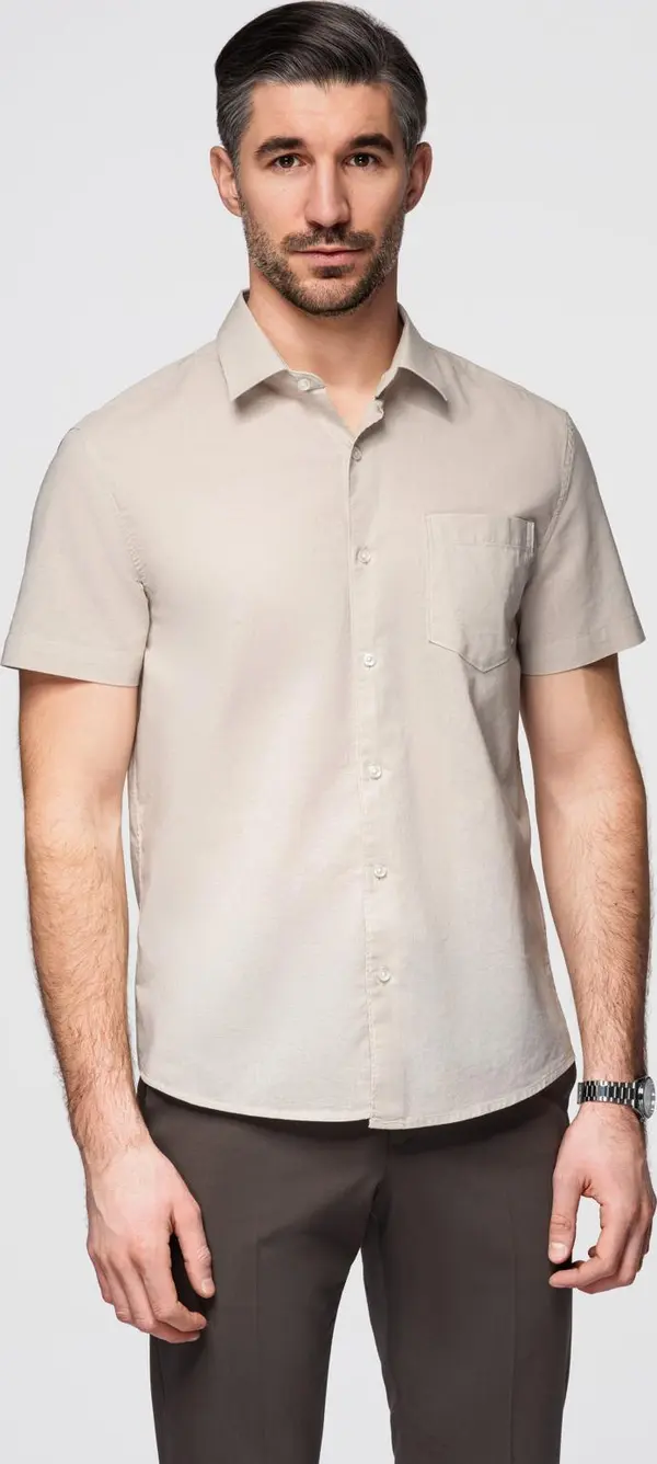 Ombre Ombre Men's short-sleeved linen-cotton shirt with pocket - beige