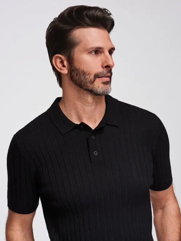 Ombre Ombre Men's SLIM FIT viscose vertical striped polo shirt - black