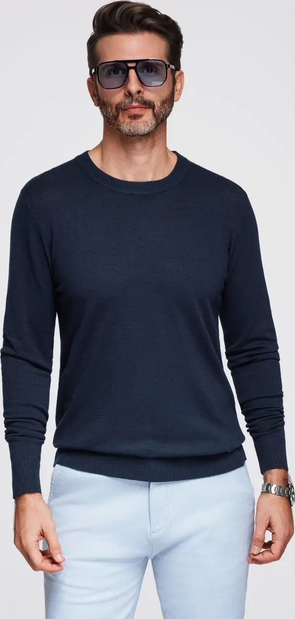Ombre Ombre Men's sweater with round neckline in stretch knit with classic weave - navy blue