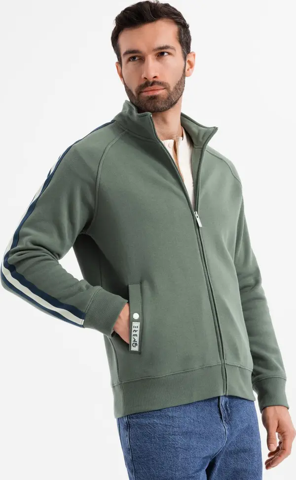 Ombre Ombre Men's sweatshirt with high collar and stripes - olive