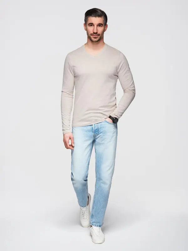 Ombre Ombre Men's unprinted longsleeve with v-neck - light beige