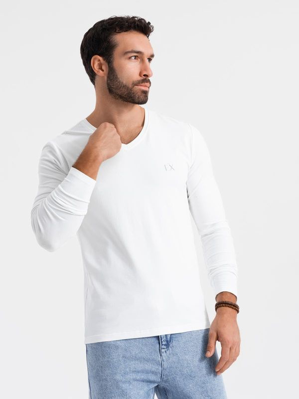 Ombre Ombre Men's V-neck SLIM FIT longsleeve with elastane and print - white