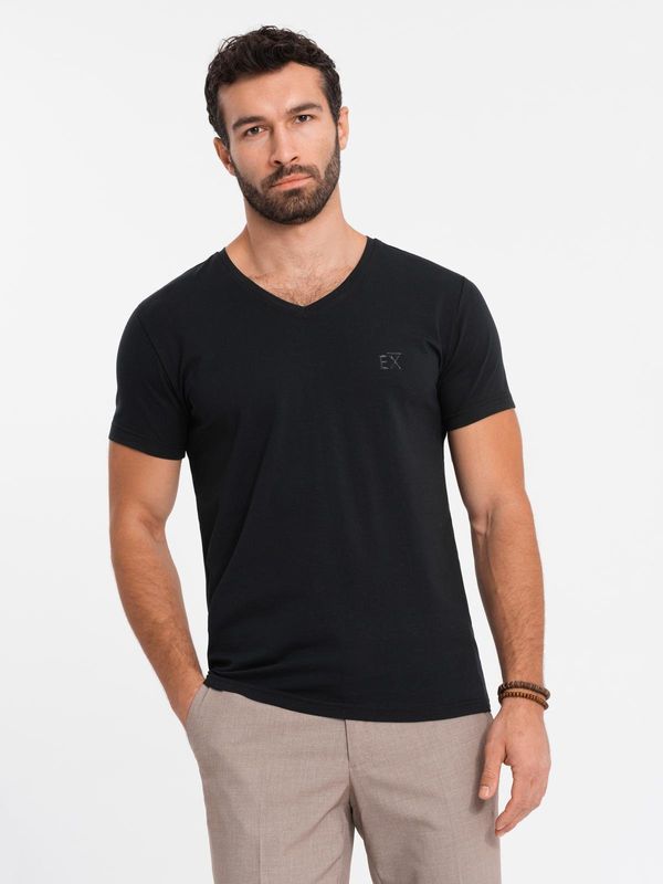 Ombre Ombre Men's V-neck SLIM FIT T-shirt with elastane and print - black