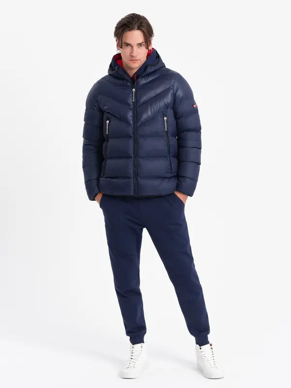 Ombre Ombre Men's winter quilted jacket of combined materials - navy blue