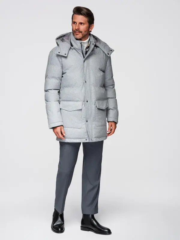 Ombre Ombre Warm men's long parka jacket with wool - light grey melange