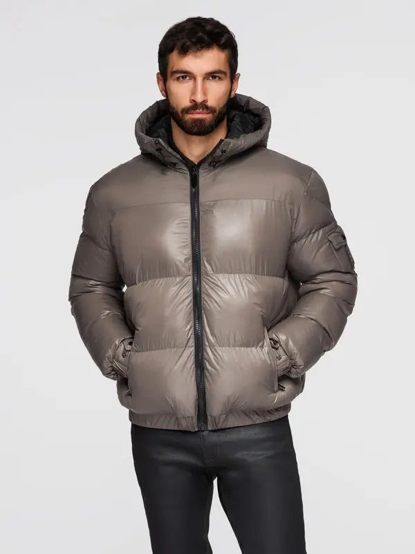 Ombre Ombre Warm men's puffer jacket with welts - dark beige