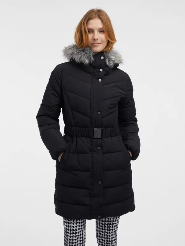 Orsay Orsay Black Women's Quilted Coat with Faux Fur - Women's