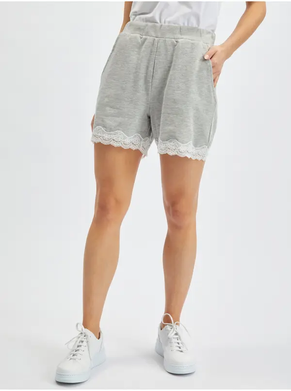 Orsay Orsay Light Grey Women's Sweat Shorts with Lace - Women's