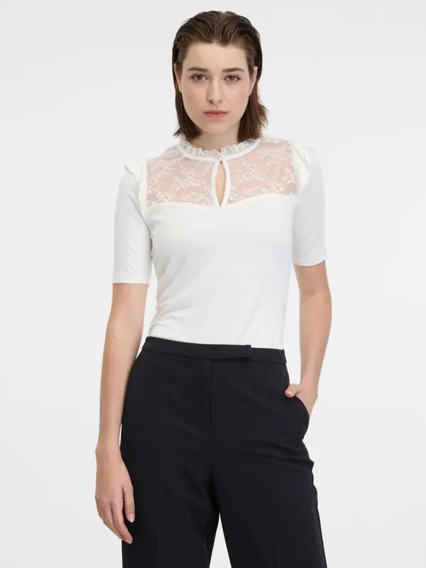 Orsay Orsay White Women's T-Shirt with Lace - Women's