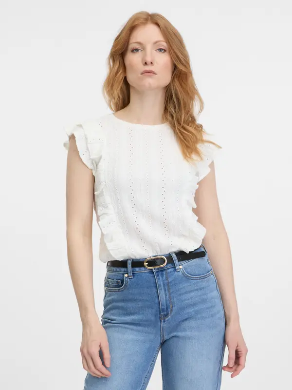 Orsay Orsay White Women's T-Shirt with Ruffles - Women's