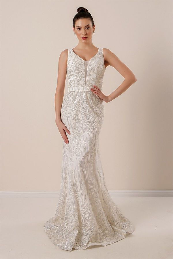 By Saygı от Saygı Дебели презрамки Ghost тюл подплатени сребриста дълга рокля крем