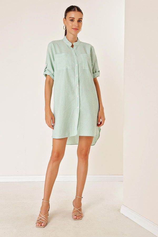 By Saygı от Saygı два джоба отпред къс гръб дълга ивица къс ръкав прозрачен рокля зелен