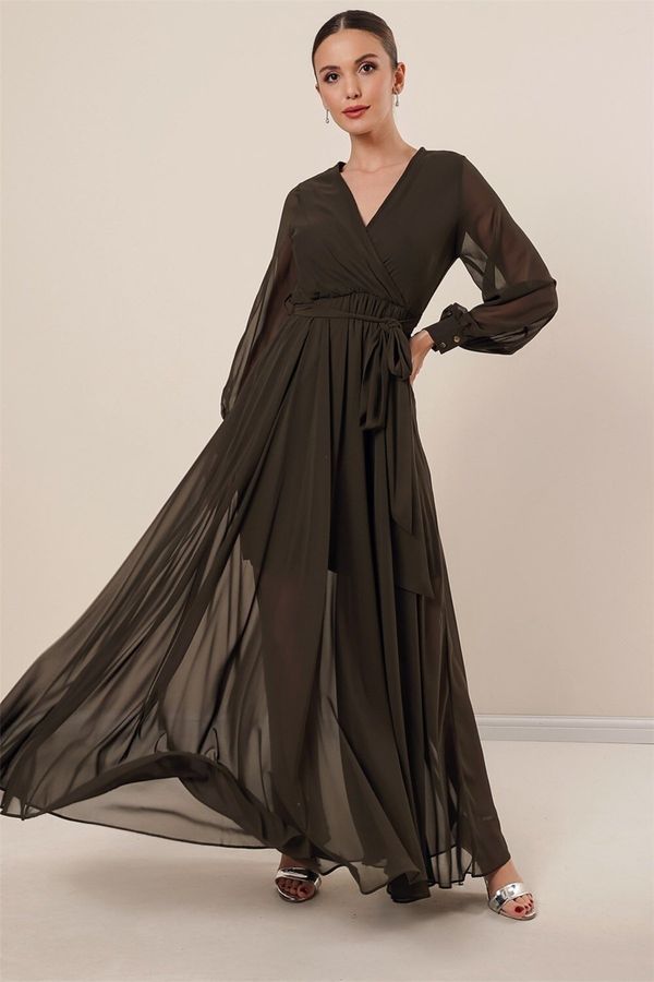 By Saygı От Saygı Двойна гърди врата дълги ръкави подплатени шифон дълга рокля каки