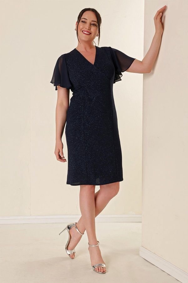 By Saygı От Saygı флот синьо плюс размер сребрист молив рокля с двойна гърди яка ръкави шифон облицована