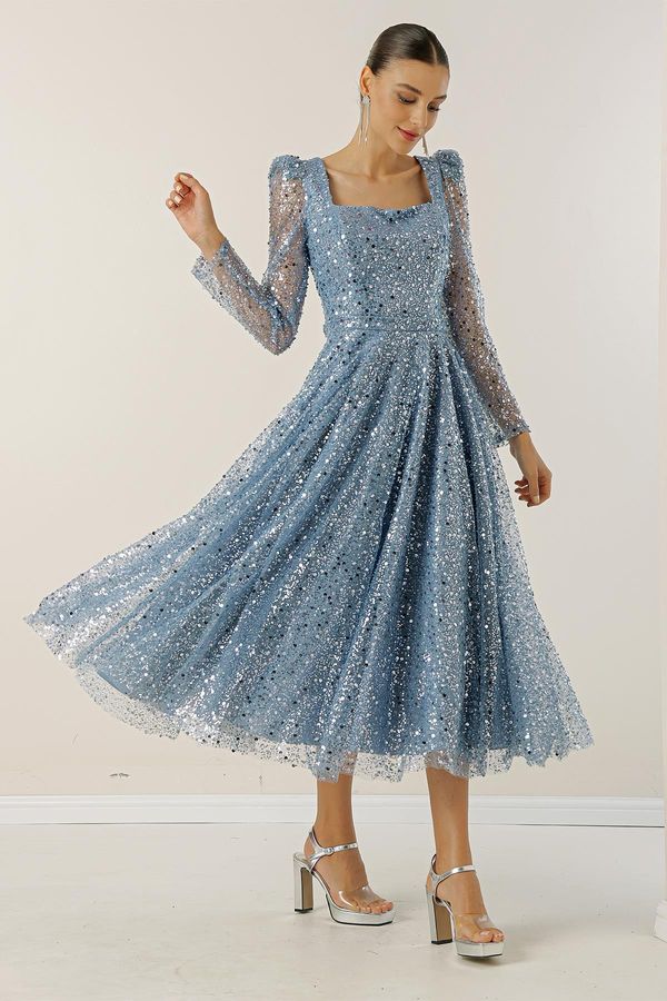 By Saygı От Saygı квадратно деколте дълги ръкави подплатени пайети мъниста рокля