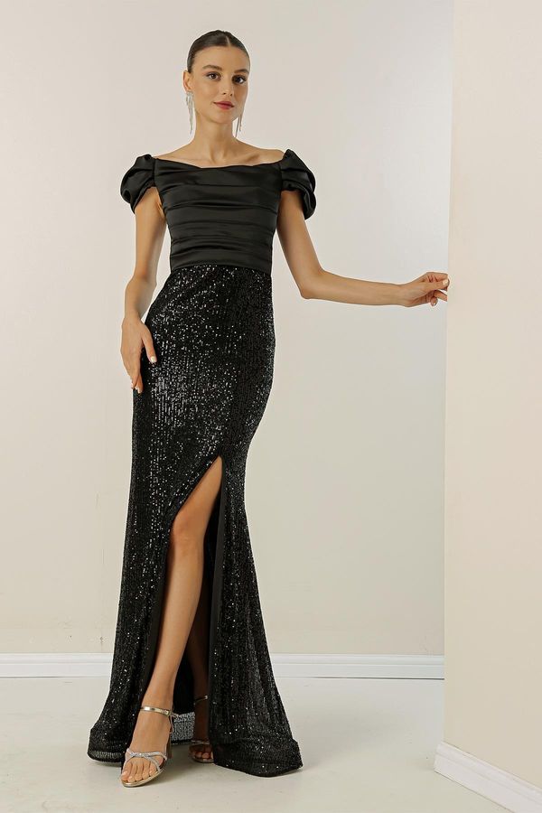 By Saygı От Saygı Мадона яка отпадна пълничък ръкави отпред драпирани отгоре сатен дъното подпухнали дълга рокля