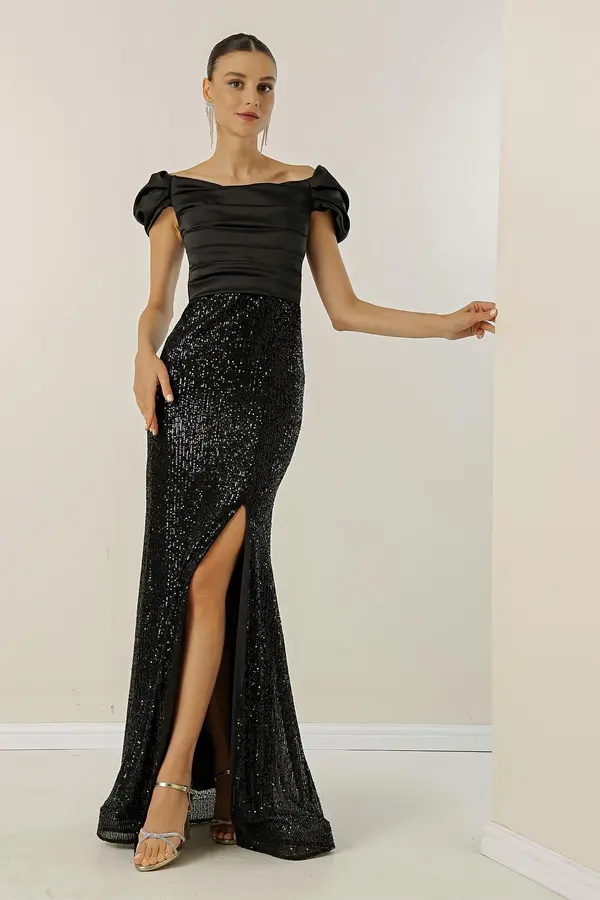 By Saygı От Saygı Мадона яка отпадна пълничък ръкави отпред драпирани отгоре сатен дъното подпухнали дълга рокля