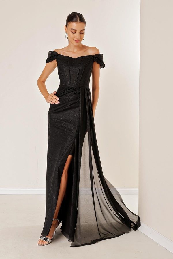 By Saygı От Saygı нисък ръкав отпред драпирани подплатени банелни дълга сребриста рокля