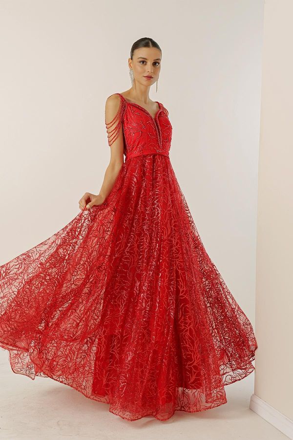 By Saygı от Saygı облицована с мъниста, блясък флокиран печат дълга рокля