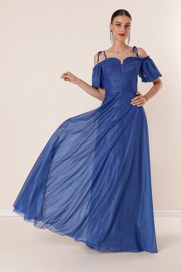 By Saygı от Saygı плисирана яка с балон ръкави, подплатена блестяща дълга рокля Saks