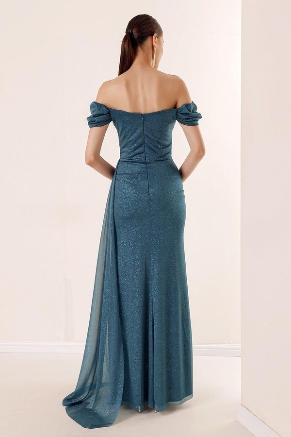 By Saygı от Saygı плисирани ниски ръкави подплатени блестящ дълга рокля с плисета масло