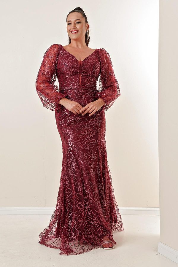 By Saygı От Saygı Предна задна v-образно деколте блестящ Flock печат плюс размер дълга рокля