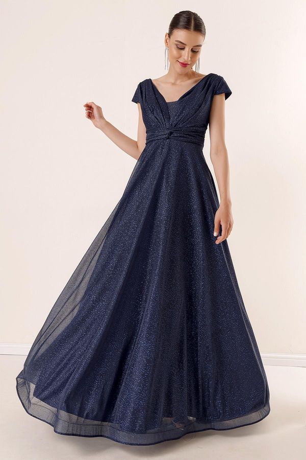 By Saygı от Saygı предна задна v-образно деколте половин месец ръкав драпирани подплатени сребриста дълга рокля