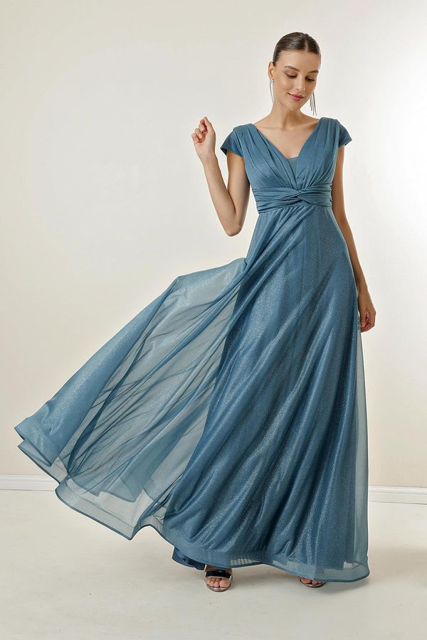 By Saygı от Saygı предна задна v-образно деколте половин месец ръкав драпирани подплатени сребриста дълга рокля