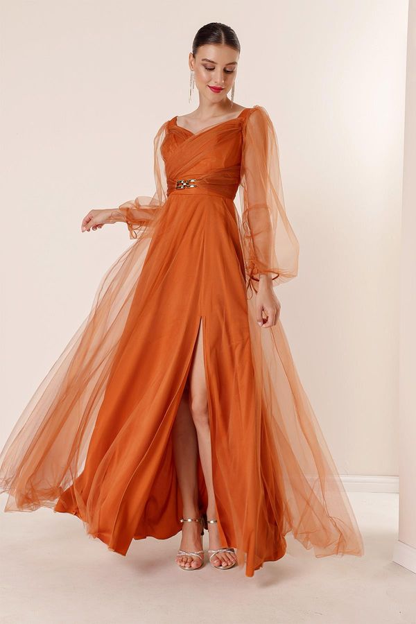 By Saygı От Saygı предна задна v-образно деколте талия каменисти драпирани подплатени дълги тюл рокля