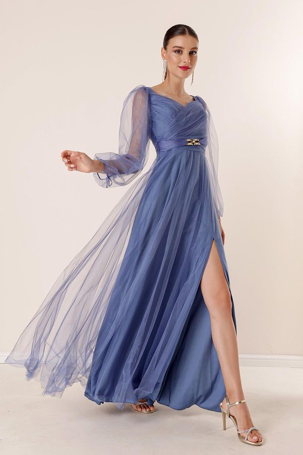 By Saygı От Saygı предна задна v-образно деколте талия каменисти драпирани подплатени дълги тюл рокля