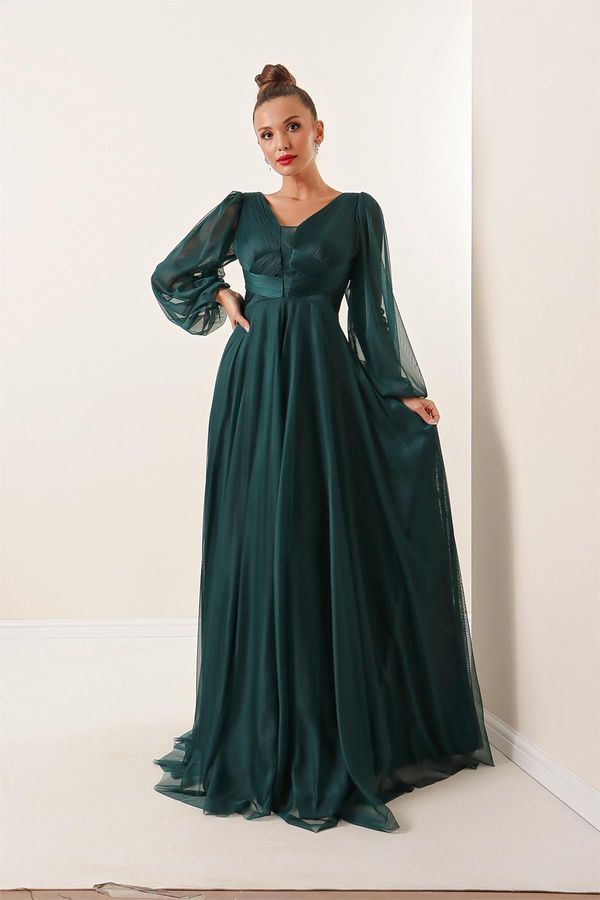 By Saygı от Saygı предна задна V врата балон ръкав дълъг тюл рокля