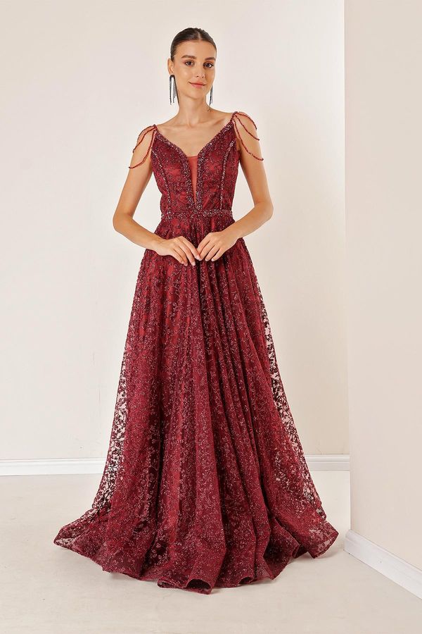 By Saygı От Saygı тънки презрамки мъниста подробни вързани обратно облицовани флорални блясък стадо отпечатани дълга рокля